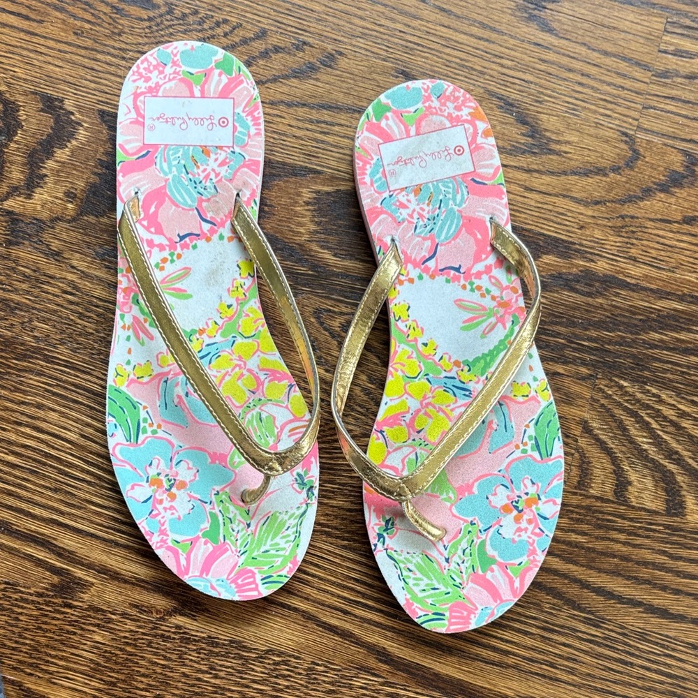Lilly Pulitzer Floral Pink, Turquoise & Gold Flip Flop Sandals